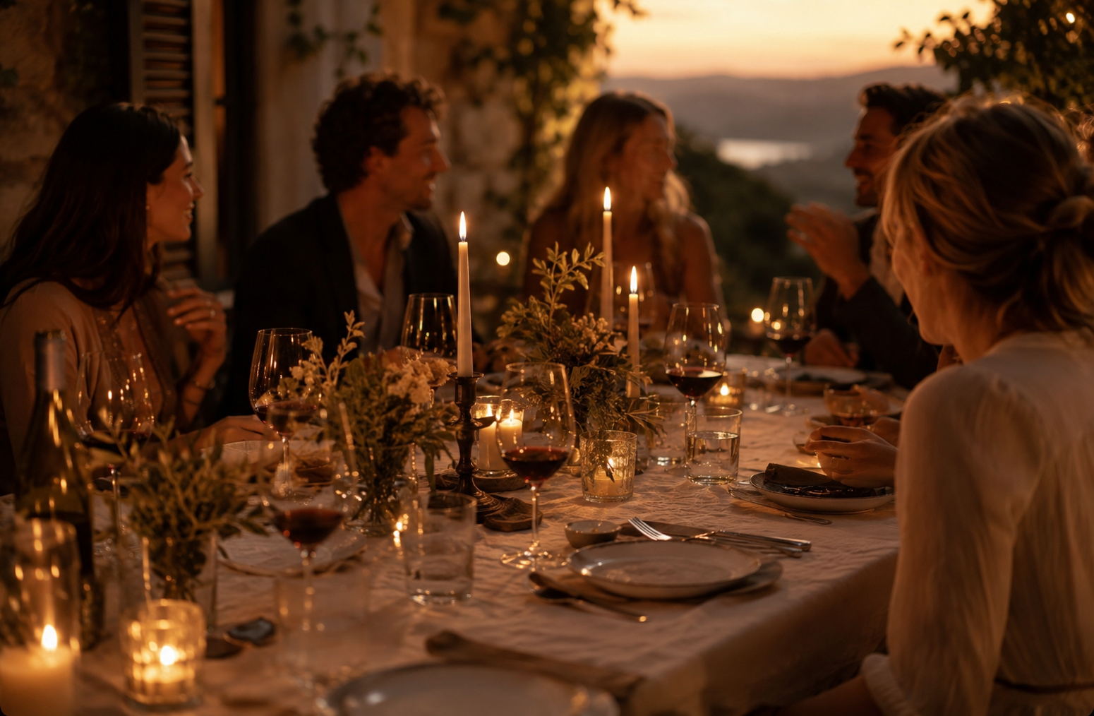 Group gathered at a candlelit outdoor table at sunset