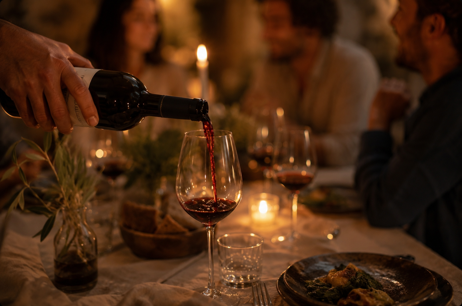 Wine being poured into a glass at a candlelit gathering